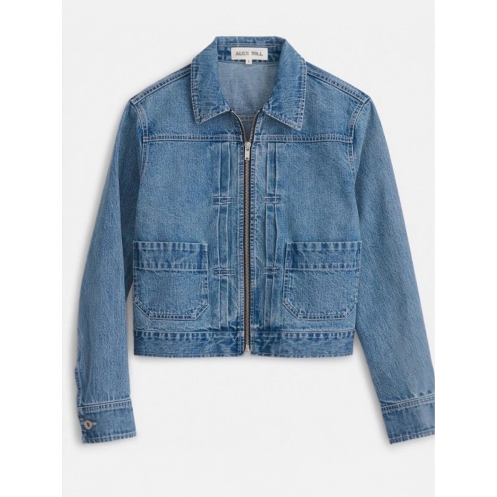 ALEX MILL‎ Denim Jacket XS Blue Cropped Pleated Zip Front Utility Trucker Cotton